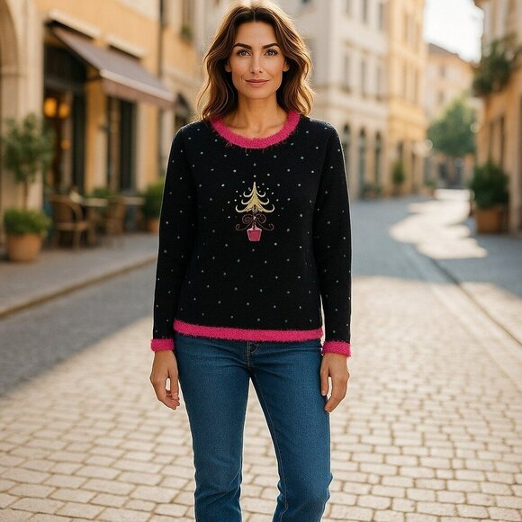 Vintage Mandal Bay Sweater Large Black Pink Embroidered Winter Christmas Tree - Picture 1 of 10